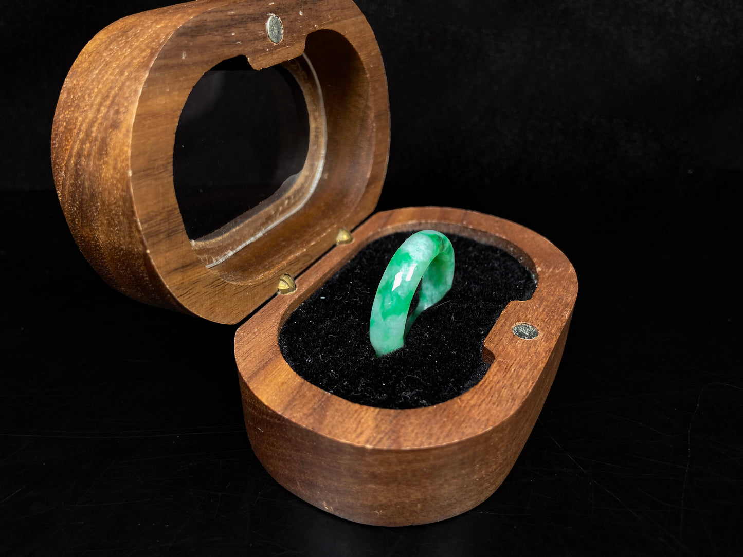 A sloating green soft veil jadeite ring.