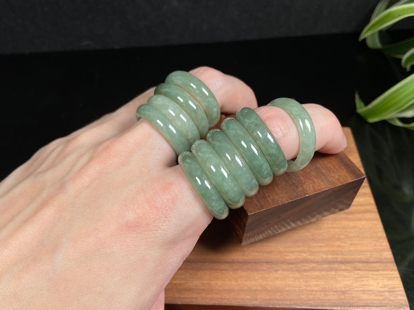 A muted green serenity jadeite ring group.