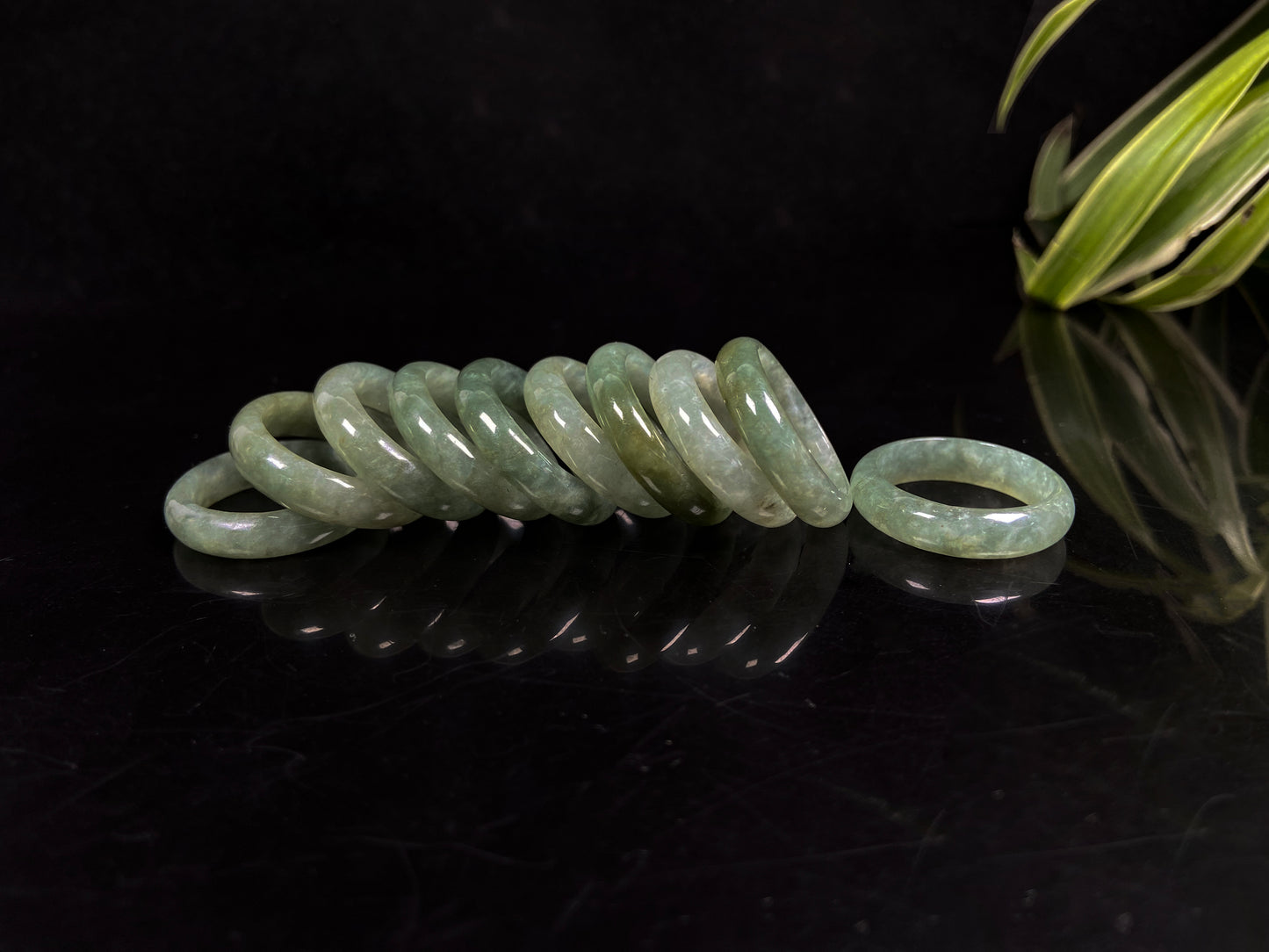 A muted green serenity jadeite ring group.