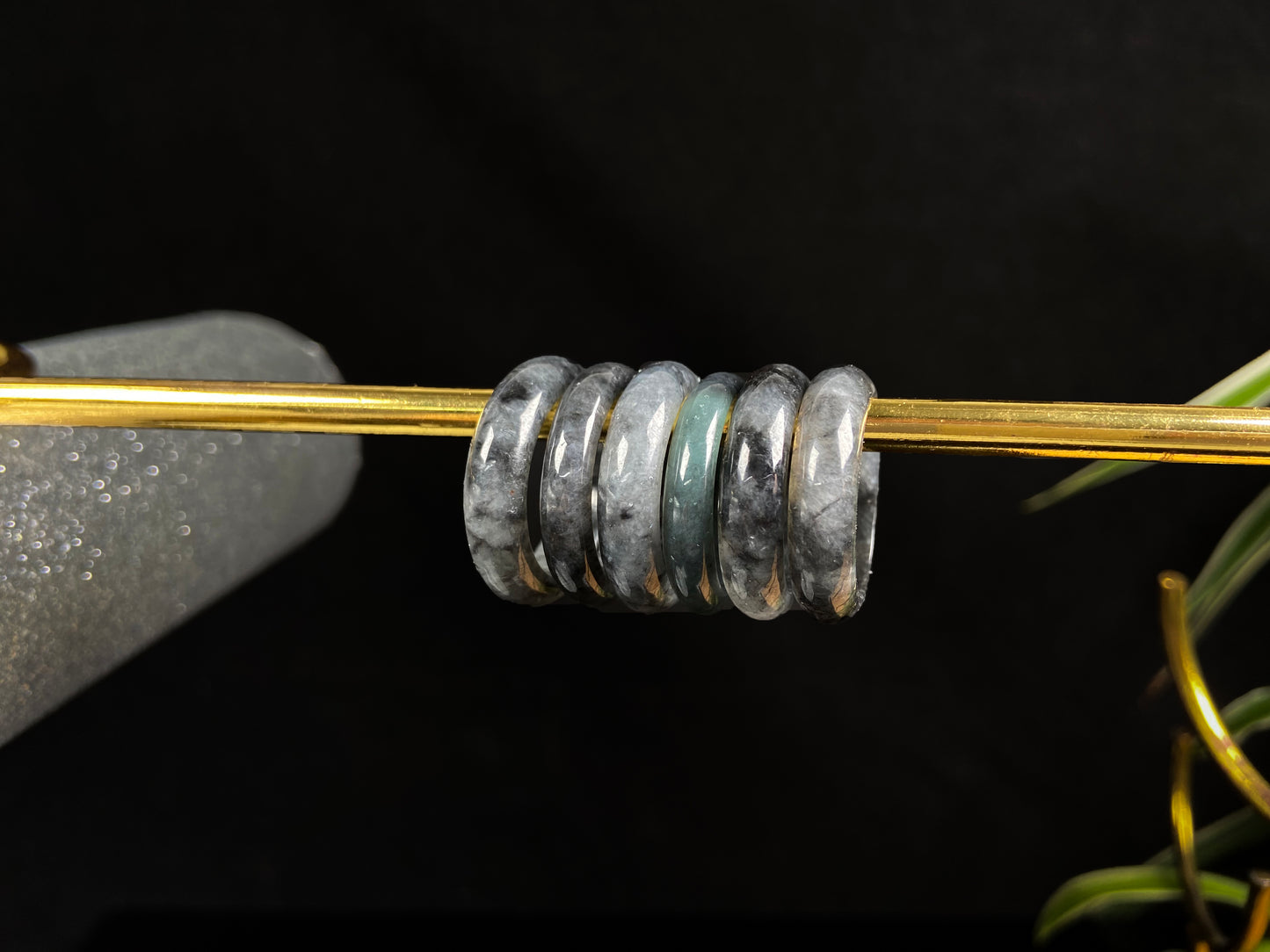 A hazy grey serenity jadeite ring group.