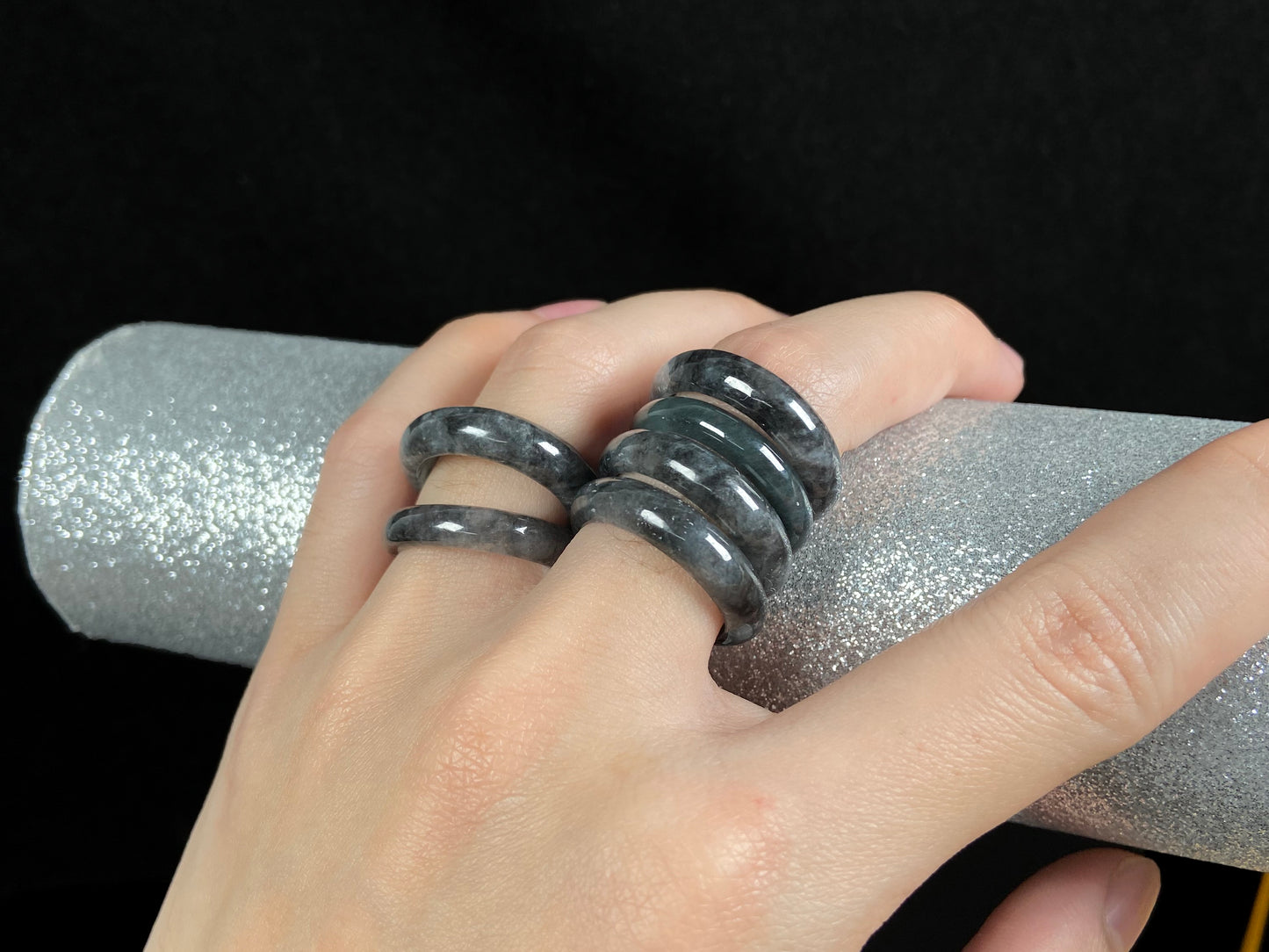 A hazy grey serenity jadeite ring group.