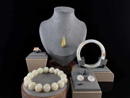 Auspicious Koi | Autumn Cloud Blush · Natural Burmese Jadeite Set