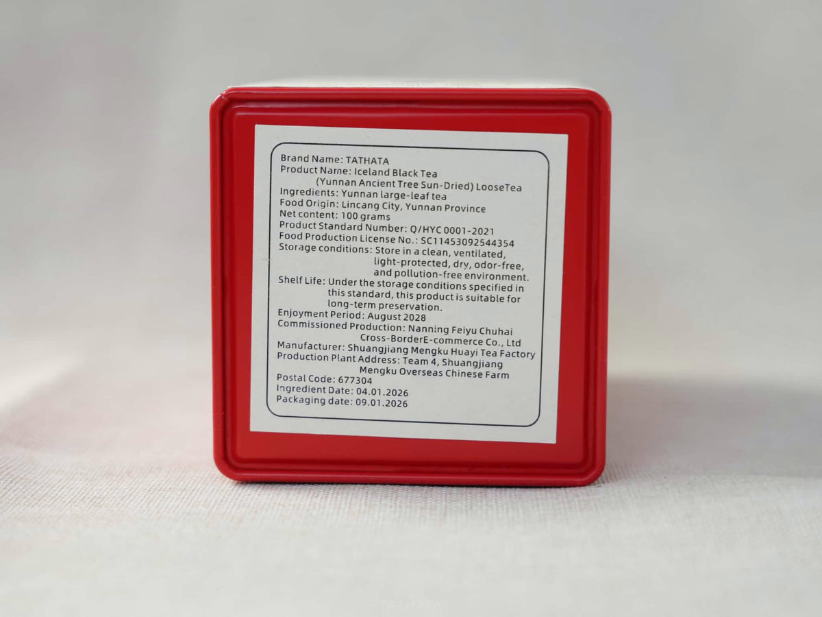 The image displays the specifications label, ingredient list, and shelf-life information for TATHATA Iceland Black Tea.