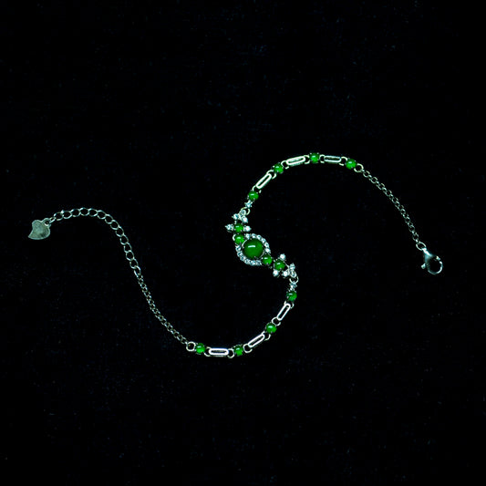 Verdant Muse  Jade Silver Bracelet yin-yang shape with spicy green cabochon vivid