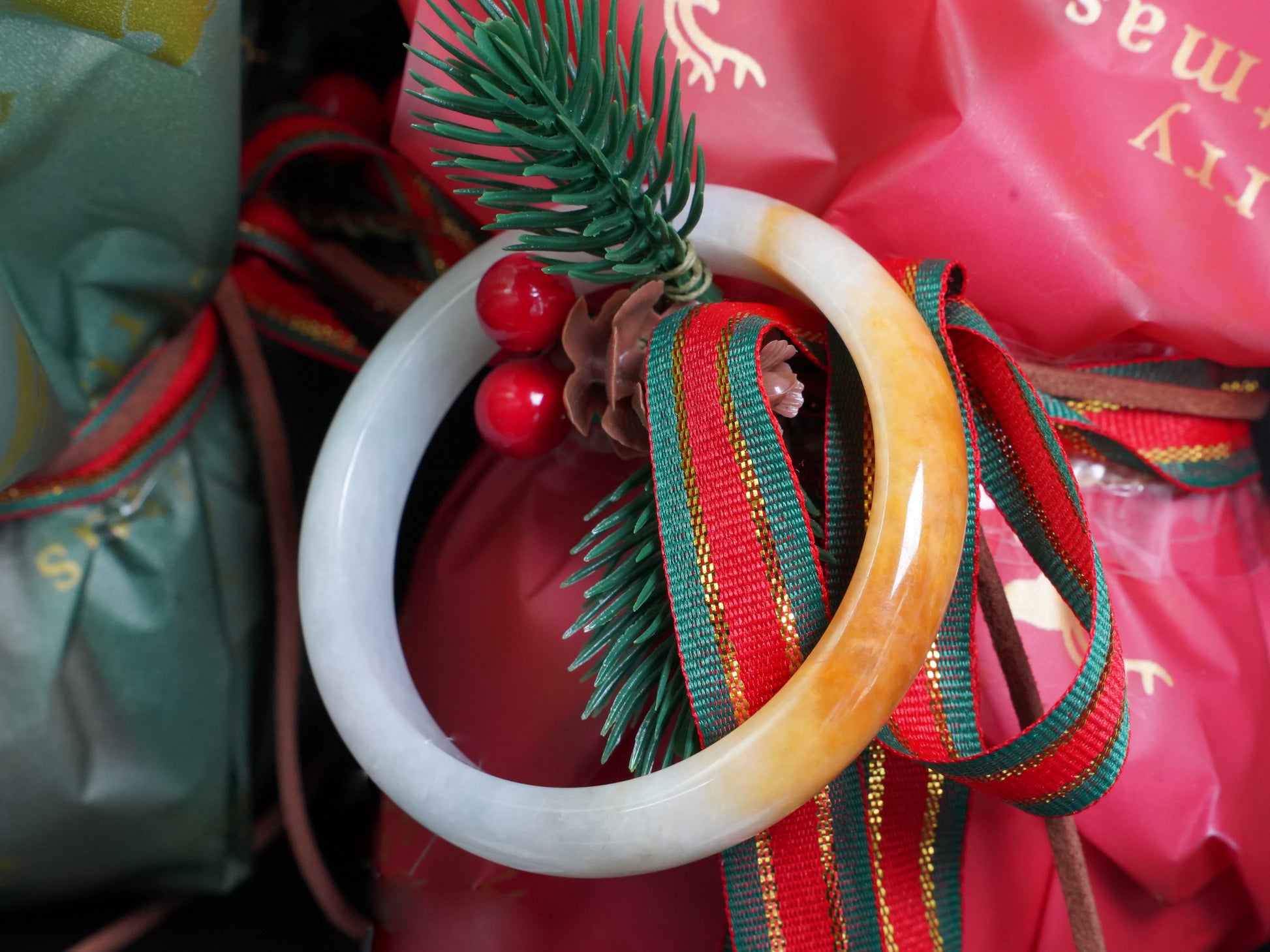 A ivory base with warm amber accent  jadeite bangle.