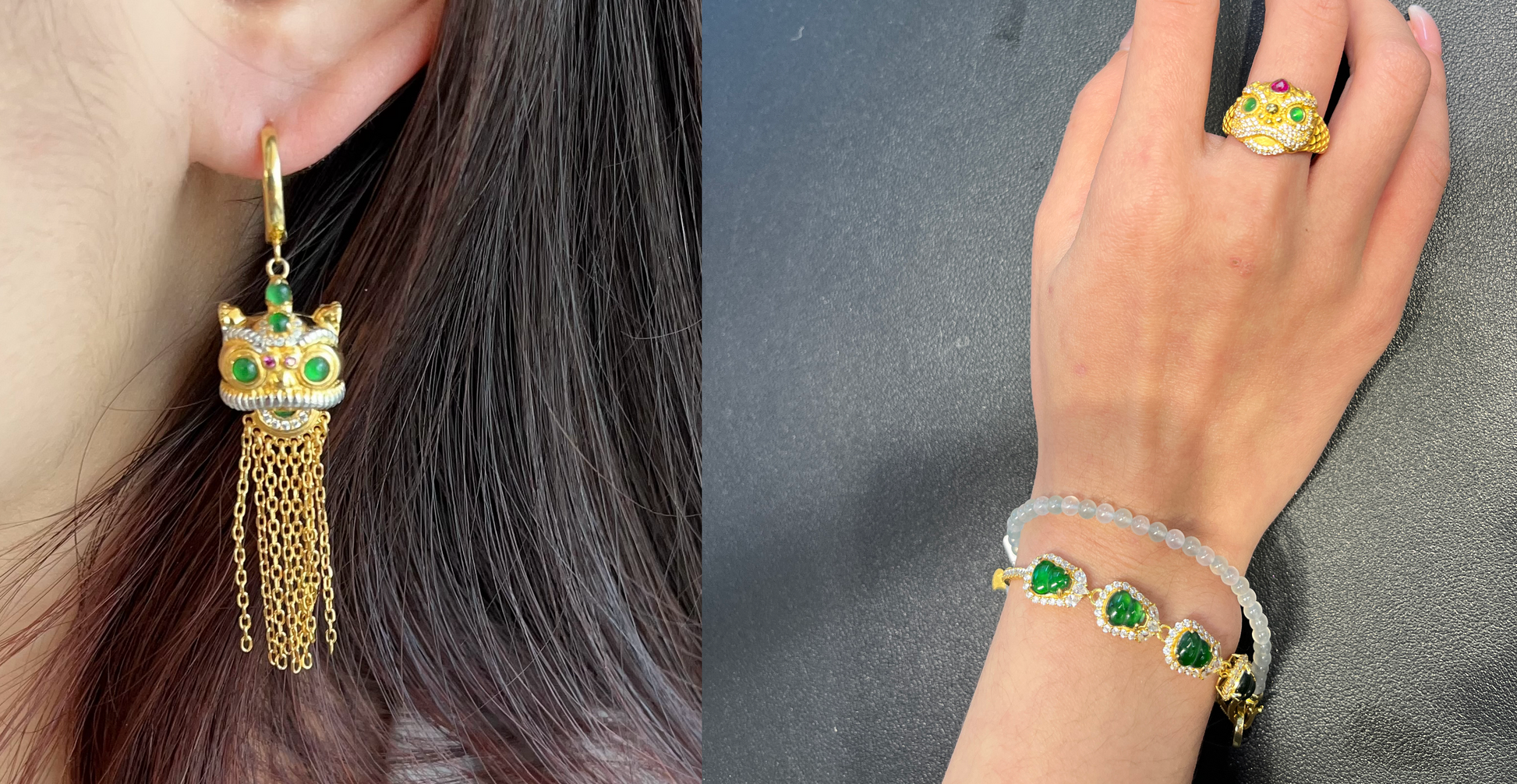 foo dog earrings, ring, and pixiu bracelet with green jade as a full new year's set