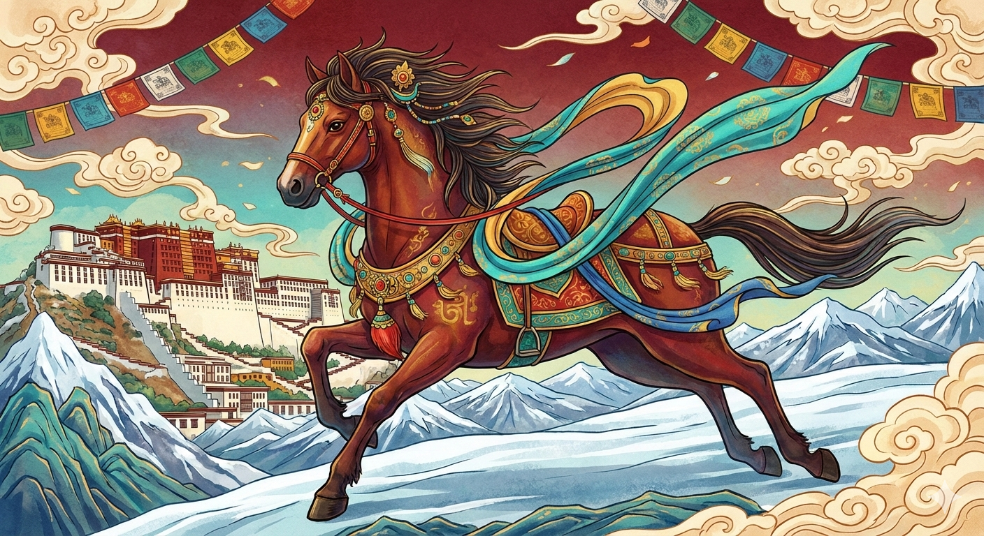 Decorative illustration of a horse with traditional armor against a mountainous landscape with a palace.