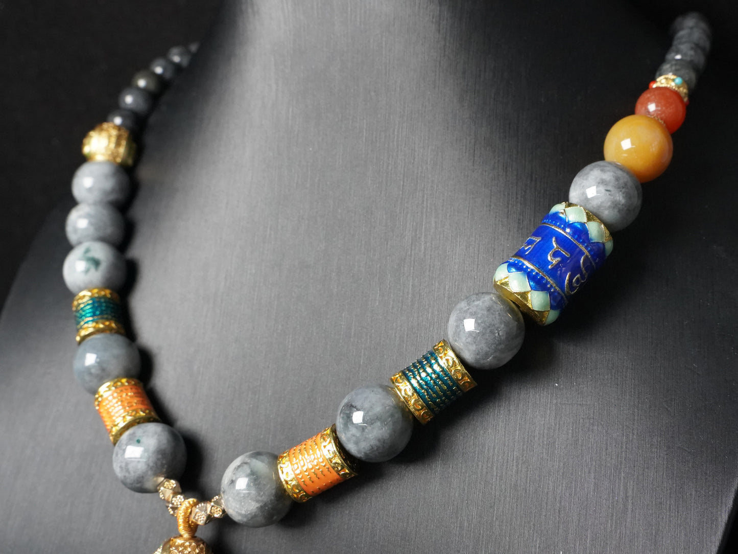 A misty aqua blue dragon beaded chain  jadeite pendant.