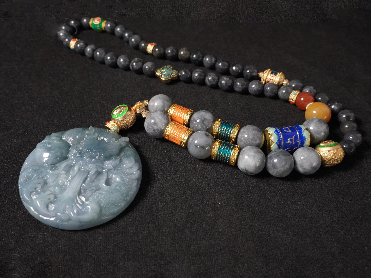 A misty aqua blue dragon beaded chain  jadeite pendant.