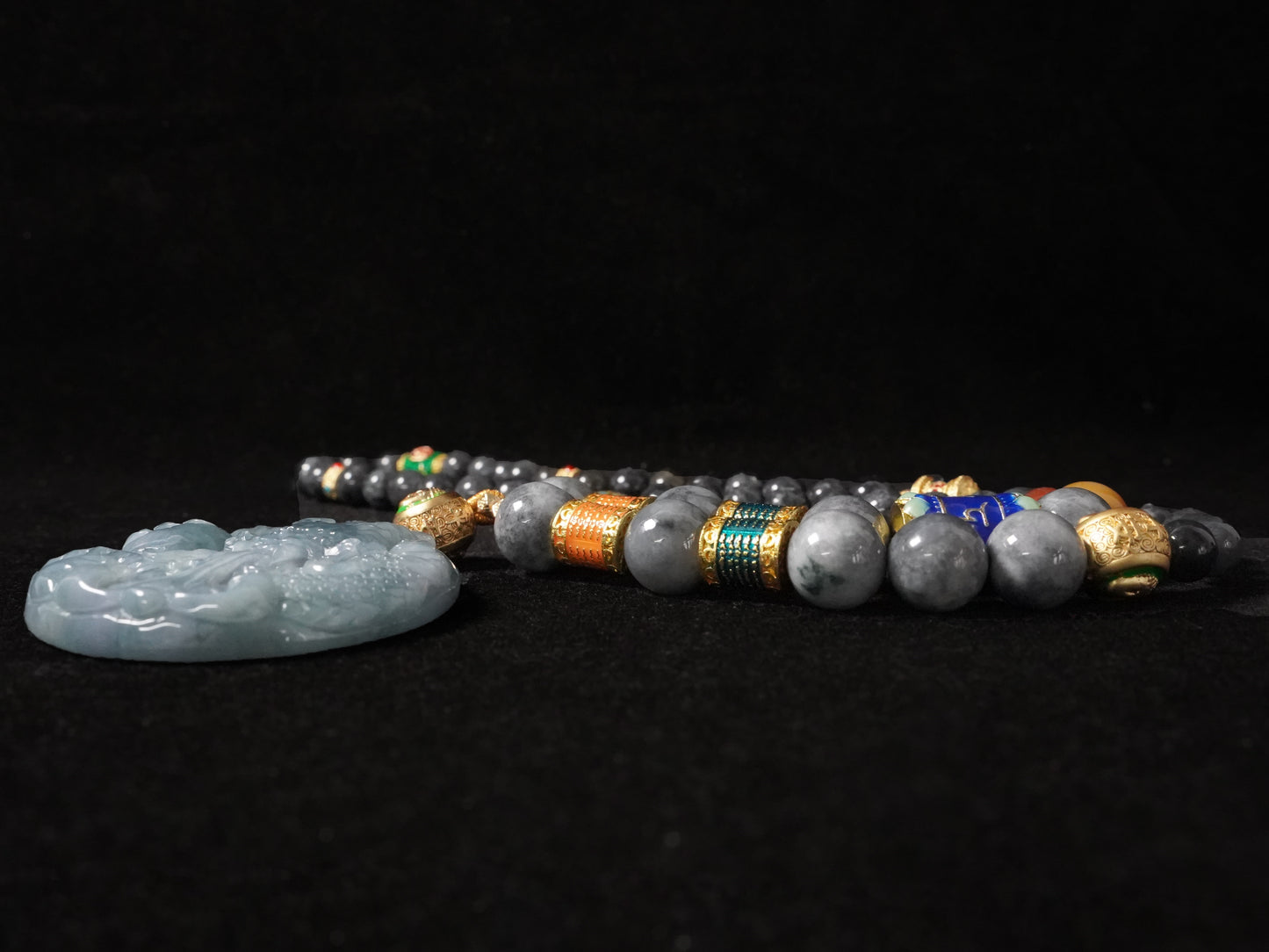 A misty aqua blue dragon beaded chain  jadeite pendant.