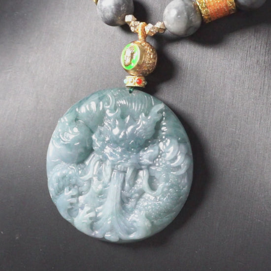 A misty aqua blue dragon beaded chain  jadeite pendant.