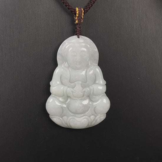 A purple green Guanyin blessing jadeite pendant.