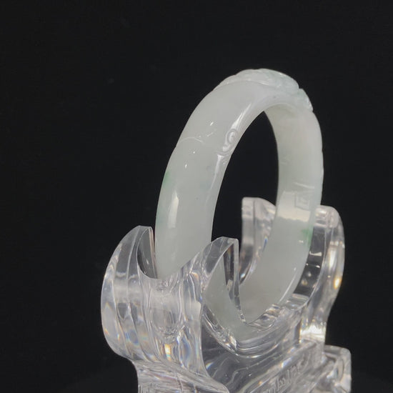 Milky White Floating Green Carved Pattern · Nature Burmese Jadeite Peace Bangle (56mm)