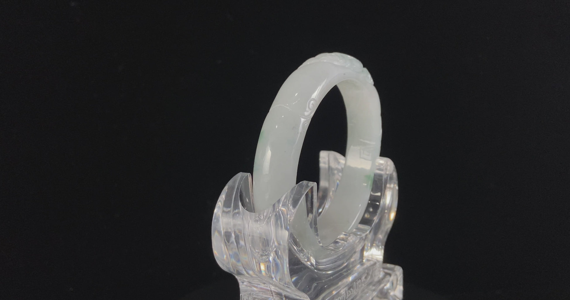 Milky White Floating Green Carved Pattern · Nature Burmese Jadeite Peace Bangle (56mm)