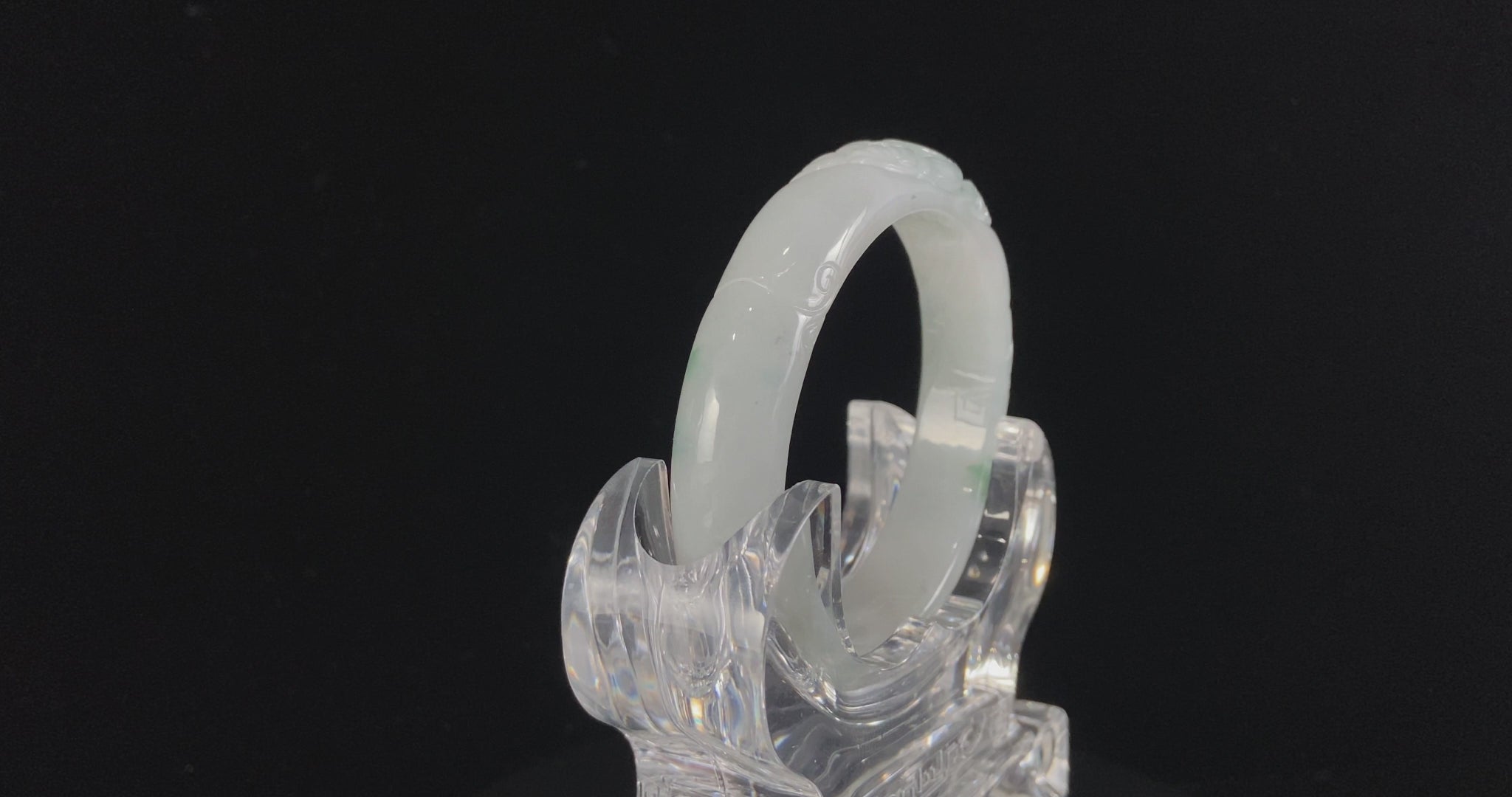 Milky White Floating Green Carved Pattern · Nature Burmese Jadeite Peace Bangle (56mm)