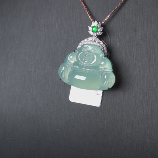 A icy blue laughing buddha jadeite pendant.