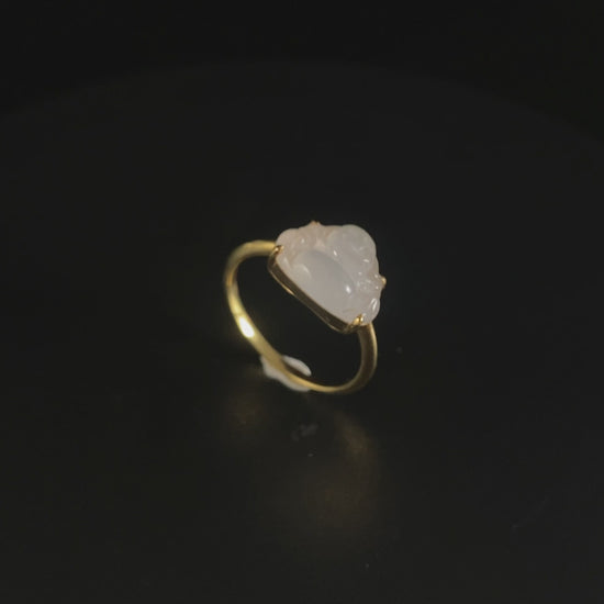 Artisan Forged ⛏️ Icy White Laughing Buddha · Nature Burmese Jadeite Ring (17mm)