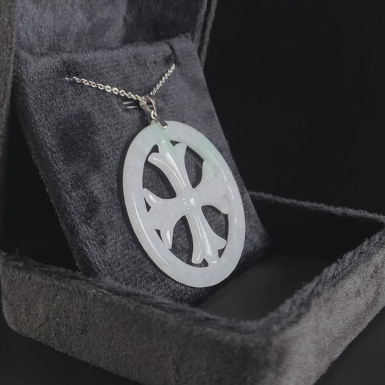 Icy White Cut-out Circular Frame Cross · Nature Burmese Jadeite Pendant