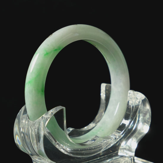 Pale Green with Gold-Painted Vines · Nature Burmese Jadeite Peace Bangle (57mm)