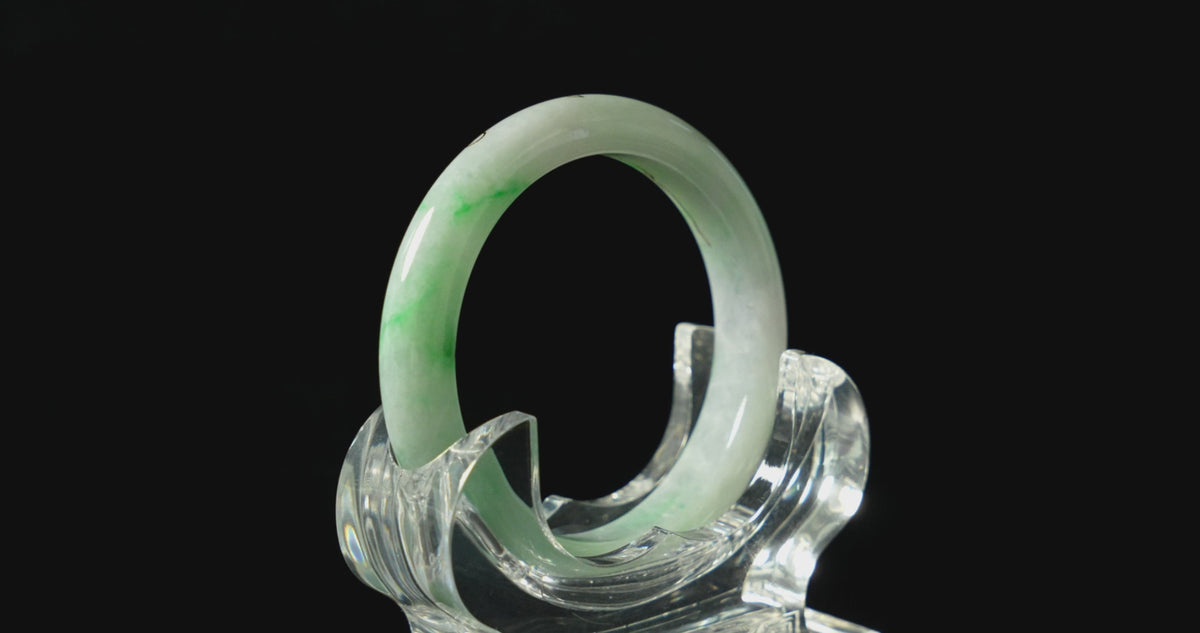 Pale Green with Gold-Painted Vines · Nature Burmese Jadeite Peace Bangle (57mm)