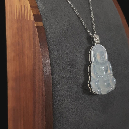 Icy Misty Pale White Guanyin · Nature Burmese Jadeite Pendant