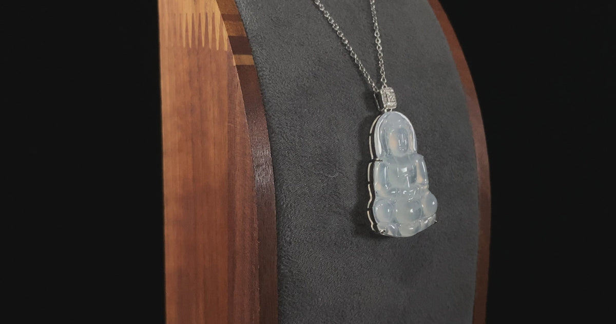 Icy Misty Pale White Guanyin · Nature Burmese Jadeite Pendant